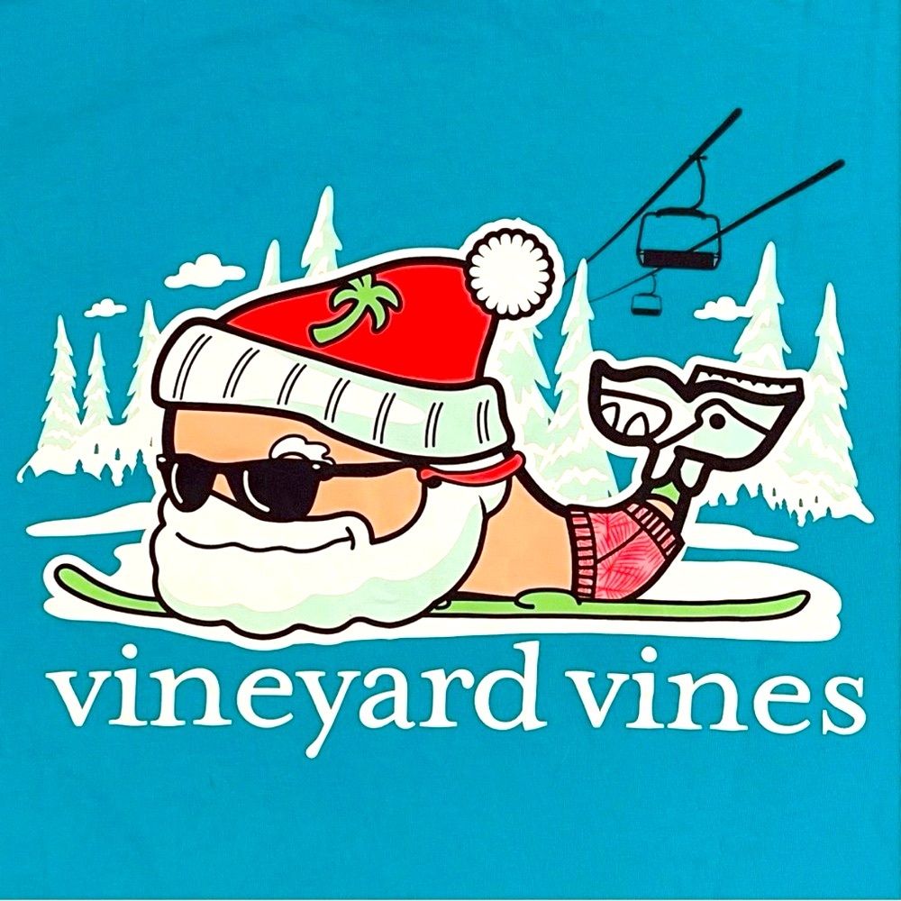 Vineyard Vines Long Sleeve Tee Mens Medium Santa Skis Whale Pocket T-Shirt Blue